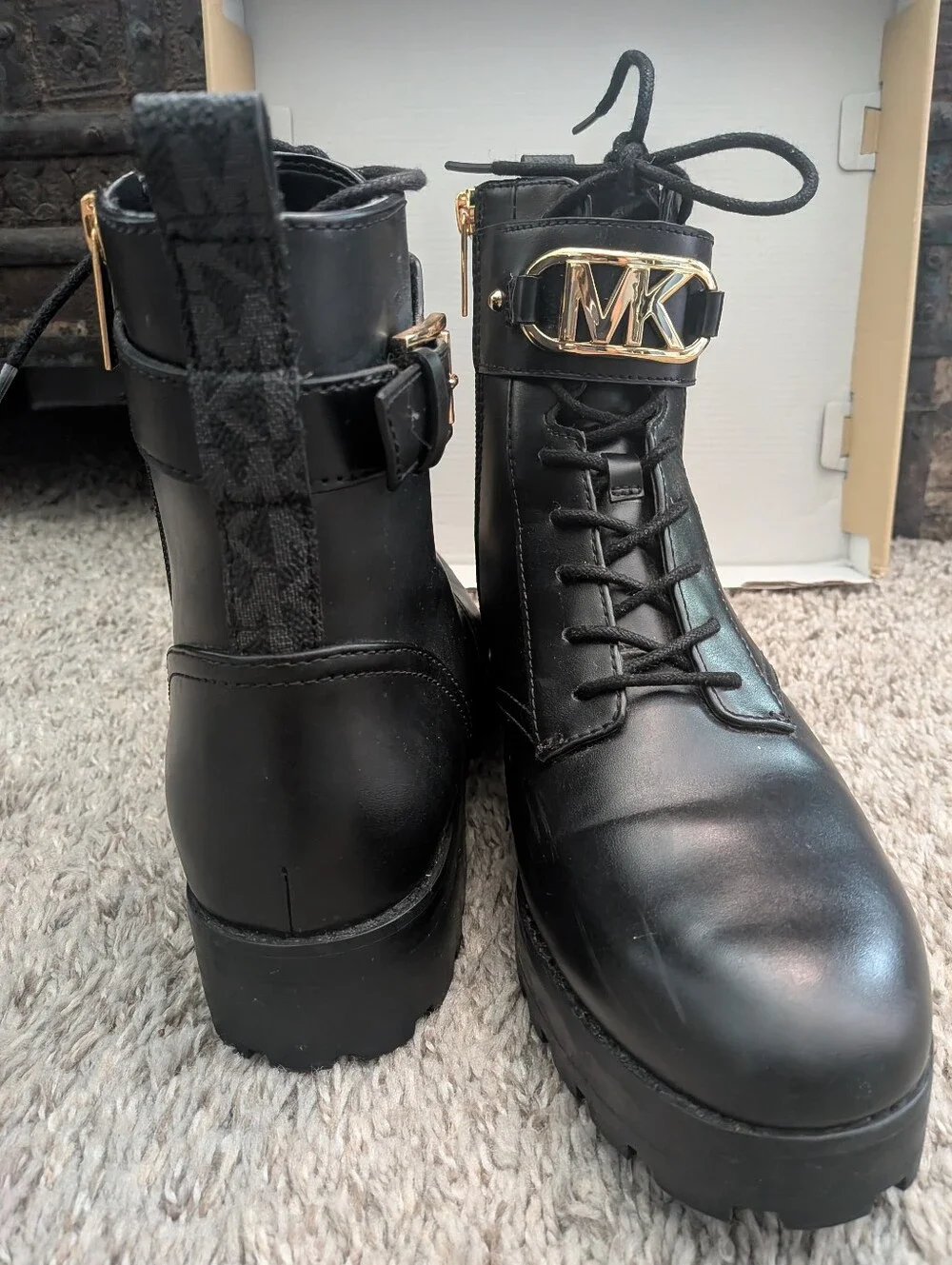 Michael Kors Black Leather Combat Boots with Gold MK Accent Size 9
